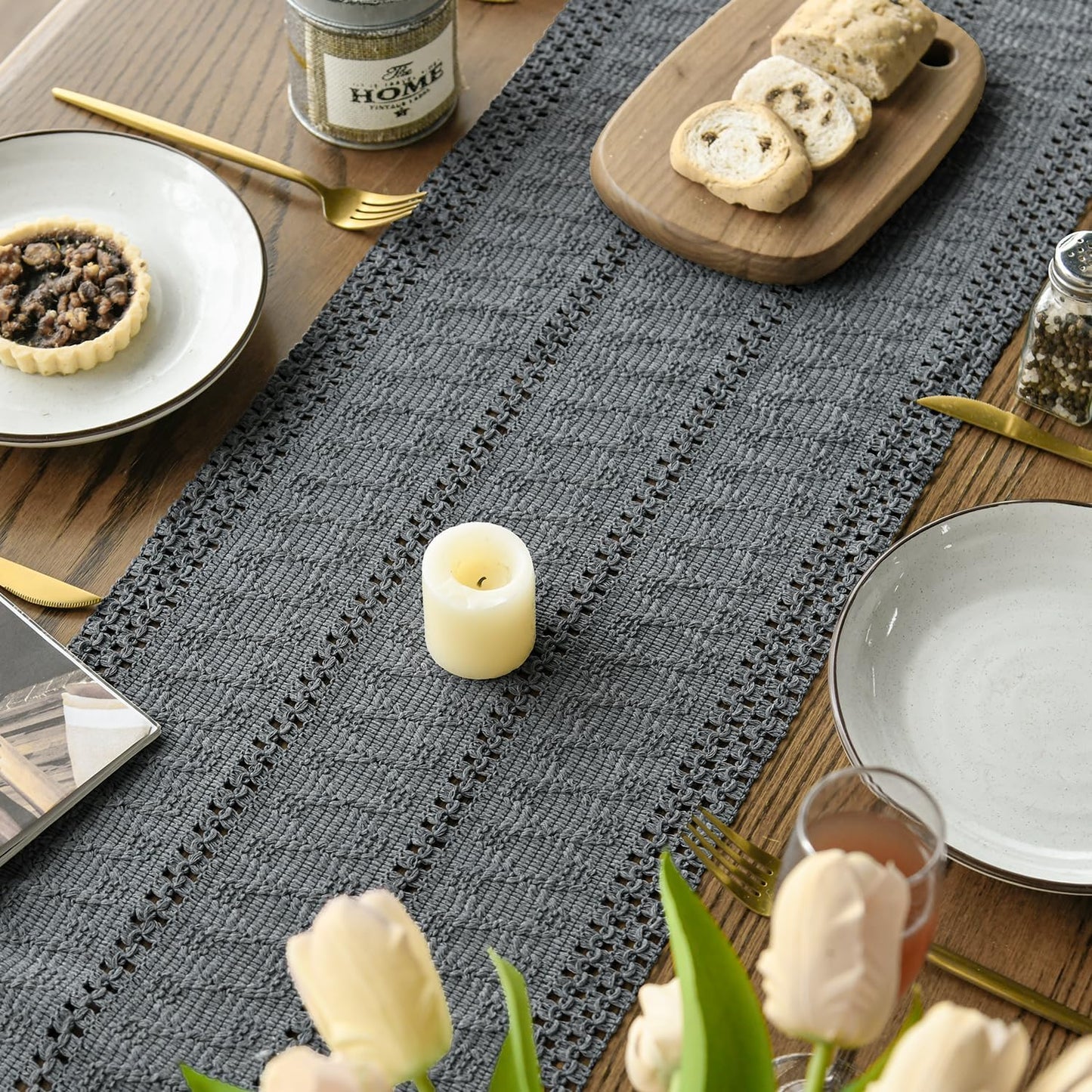 Artoid Mode Dark Grey Farmhouse Woven Rustic Hollow Table Runner, Seasonal Holiday Hollow Kitchen Dining Table Decoration for Home Party Decor 12x90 Inch