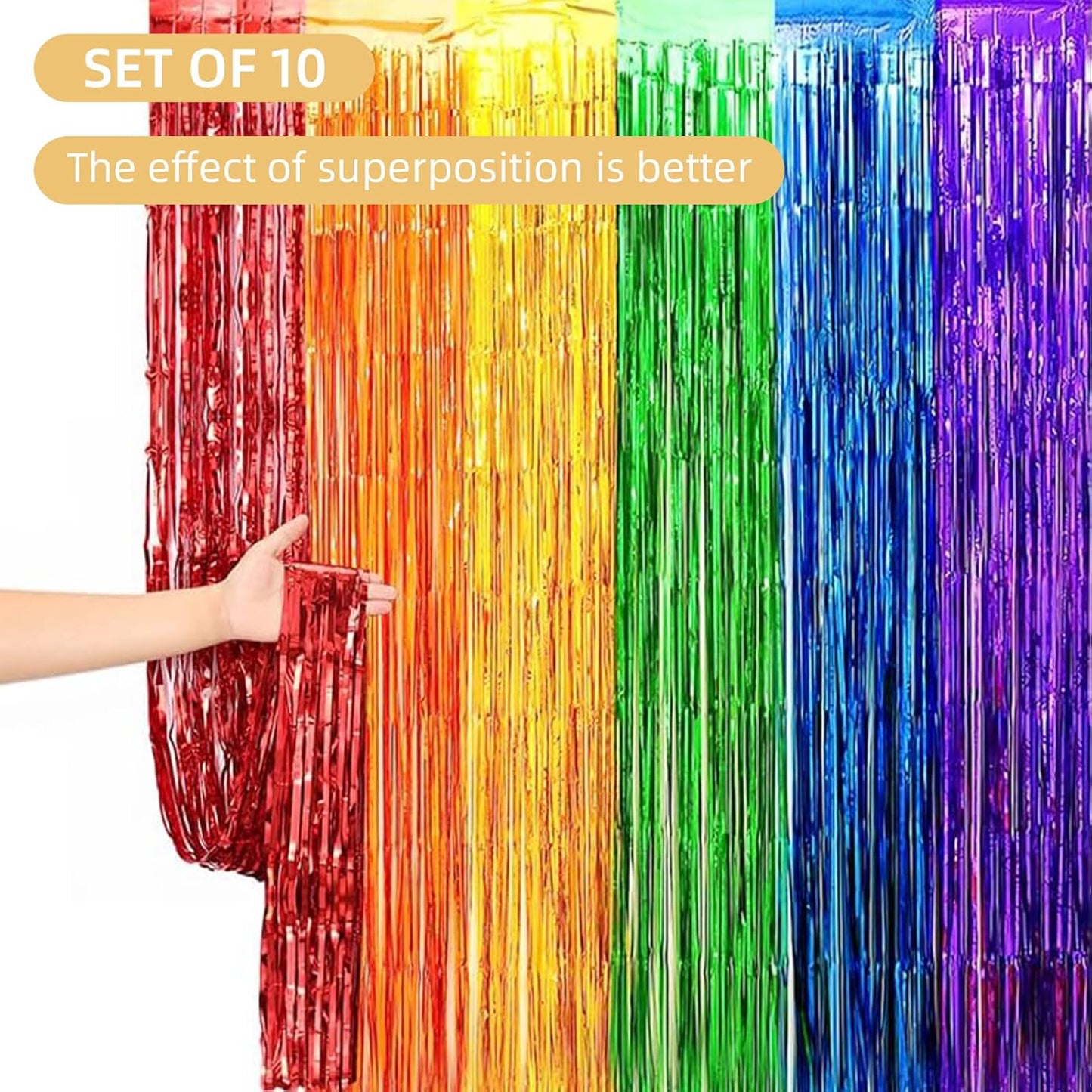 10 Pack Rainbow Backdrop Curtain 3.2ft x 8.2ft Metallic Tinsel Foil Fringe Curtains Photo Booth Background for Birthday Party Decoration Baby Shower Engagement Wedding Christmas Decoration (Rainbow)