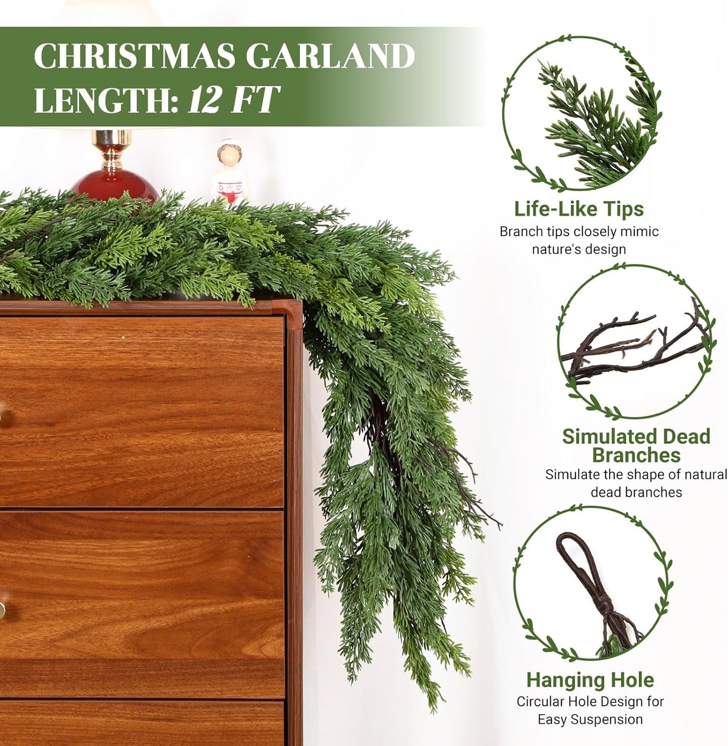 12FT Artificial Christmas Garland, Real Touch Greenery Cypress Pine Garland for Mantle Table Railing Fireplace Indoor & Outdoor Christmas Decoration