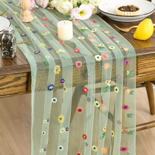 Artoid Mode 3PCS Sage Green Embroidery Daisy Gauze Table Runner 120 Inch 10FT, Seasonal Sheer Dining Holiday Wedding Birthday Table Decor for Home Party