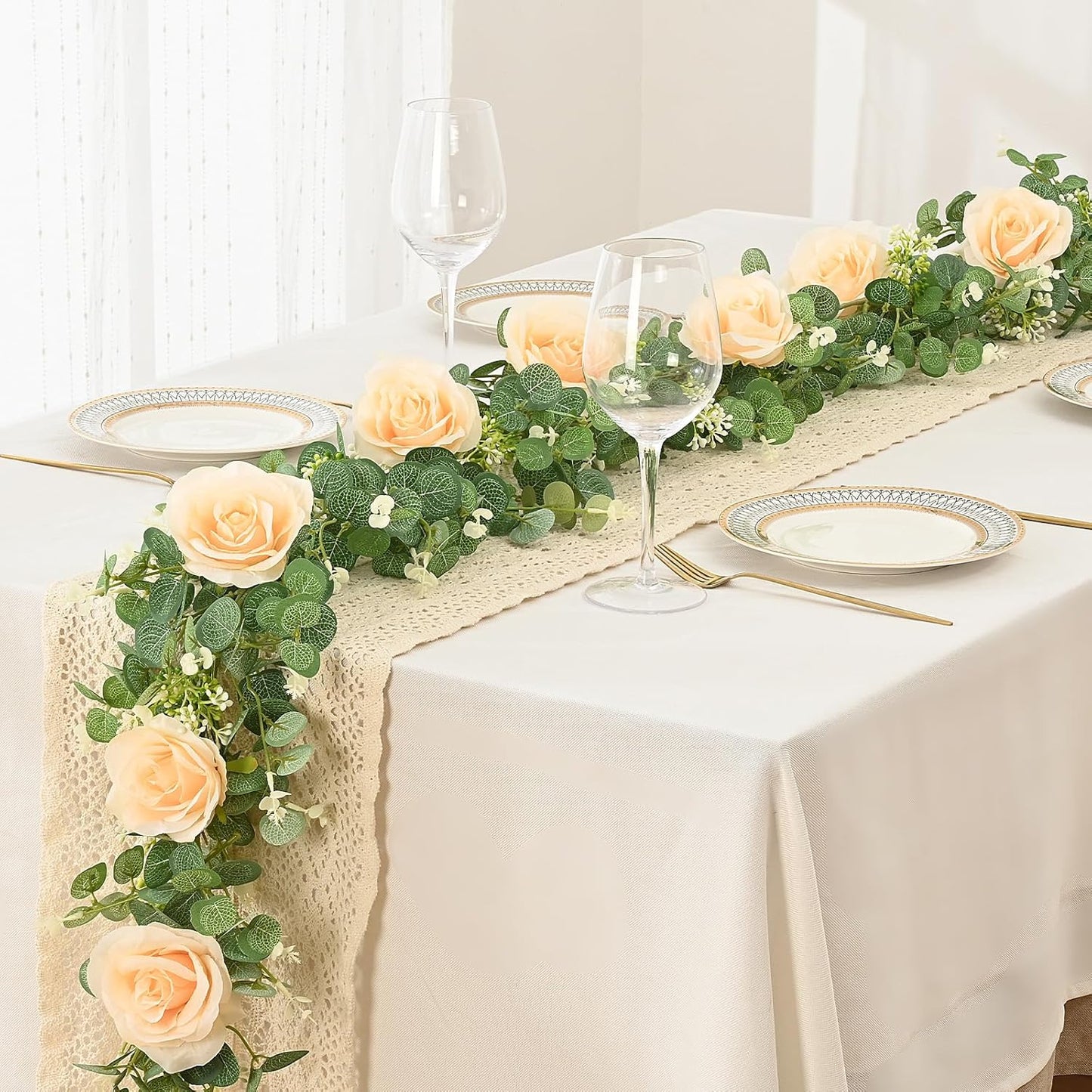 Dolicer 2Pcs 13Ft Artificial Eucalyptus Garlands with Flowers - 8 Roses, Faux Floral Greenery Garlands Fake Flowers Vines for Wedding Table Centerpieces Arch Party Ceremony Backdrop Decor (Champagne)