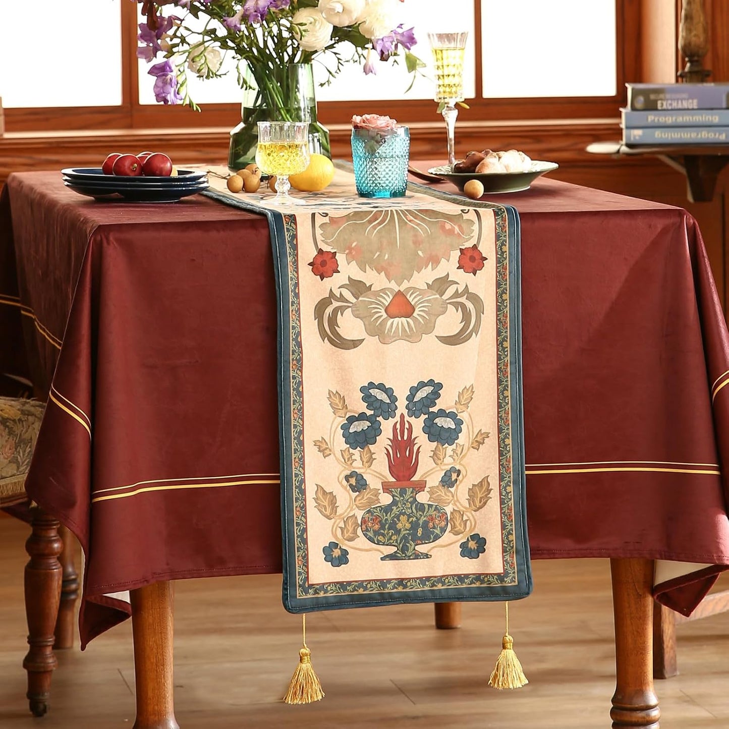 patdrea Designer Casual Wild Floral Velvet Table Runner 102 Inch Long, Brown Occult Bouquets Pattern Table Mat, Decoration for Kitchen Dining Coffee Table Cabinet Banquet Thanksgiving,12"*102"