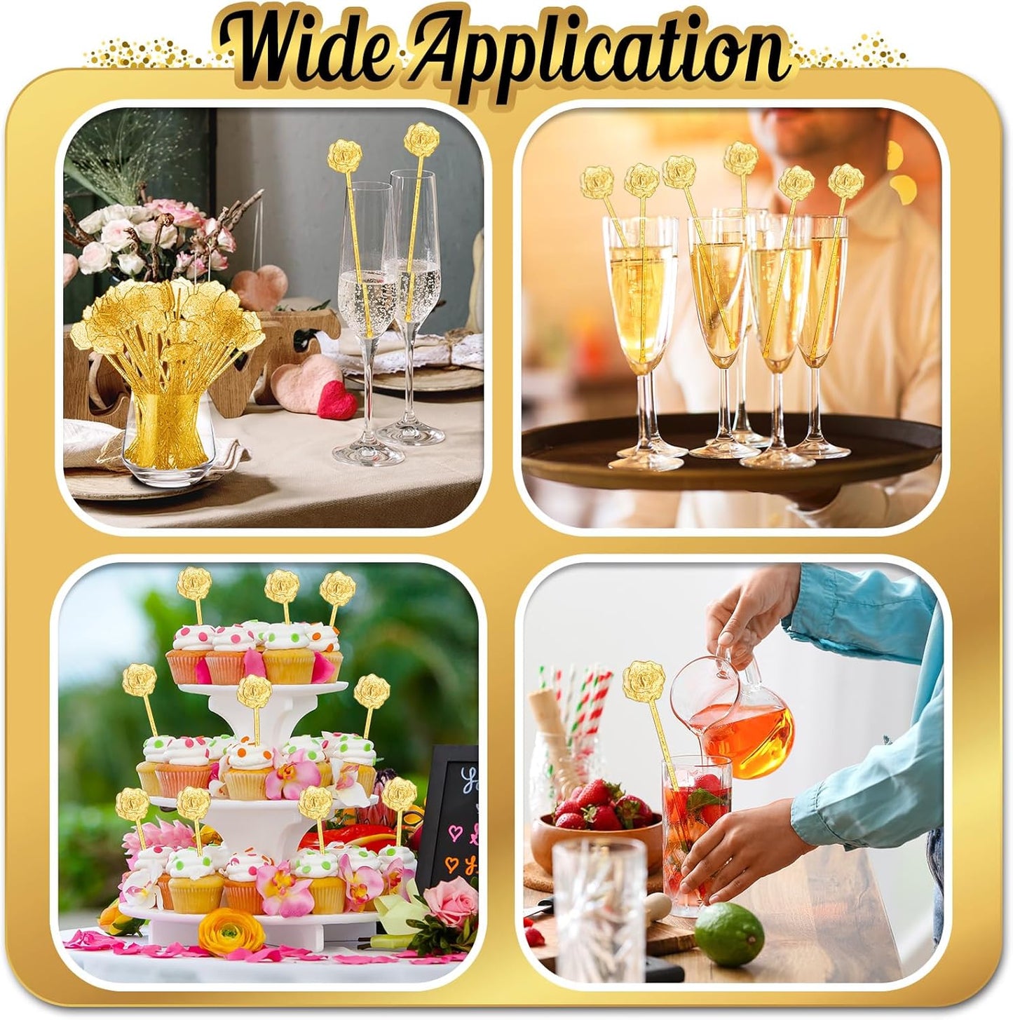 100 Pcs Gold Glitter Drink Stirrers Cocktails Plastic Swizzle Sticks 7.5 Inch Cupcake Pop Sticks Toppers Rose Top Wedding Drink Stirrers for Mixed Drinks Coffee Birthday Wedding Party