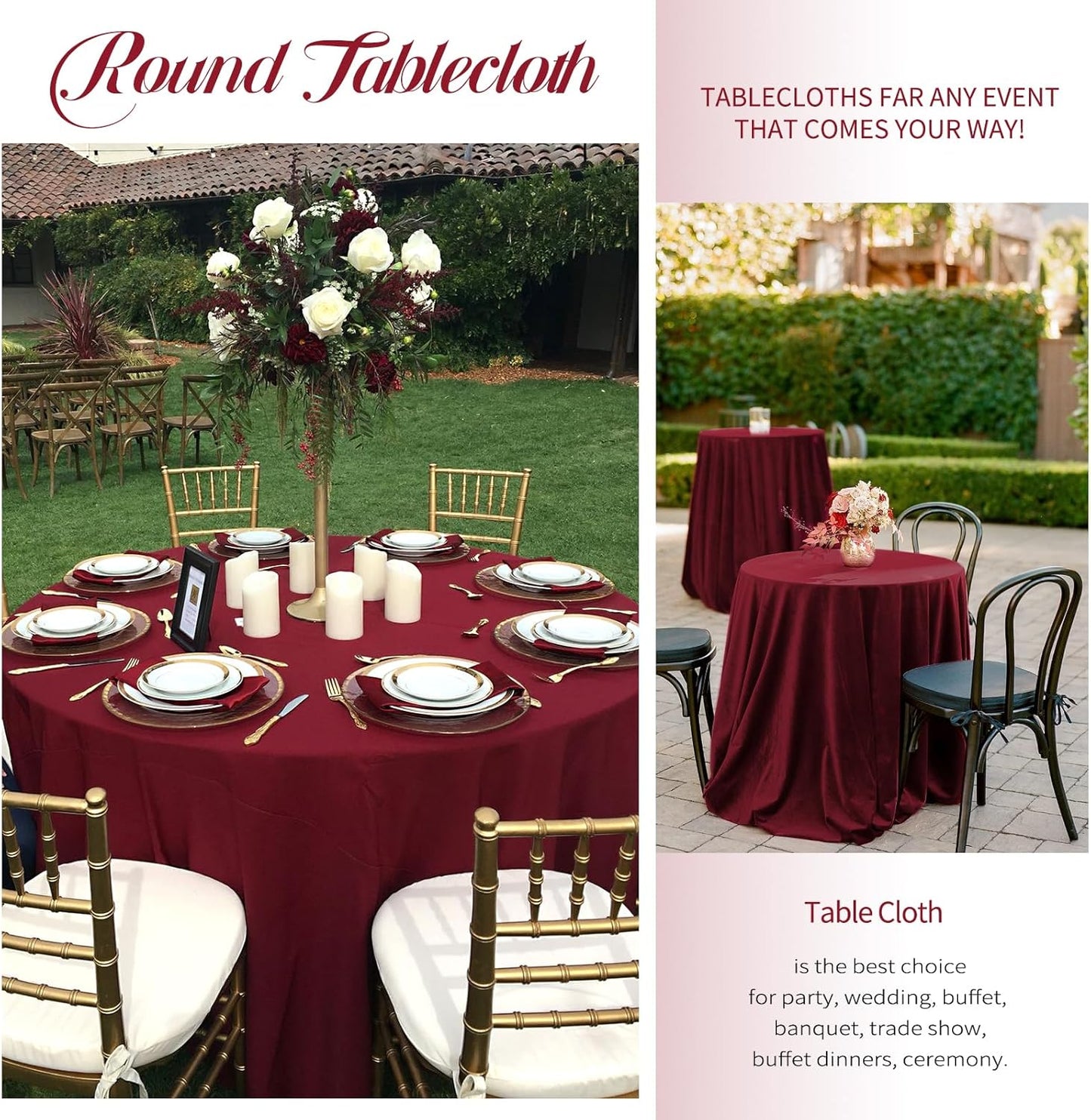 10 Pack Burgundy Round Tablecloths - 90 Inch, Polyester Table Cover, Stain and Wrinkle Resistant Washable Fabrics, Perfect for Wedding Banquet Parties