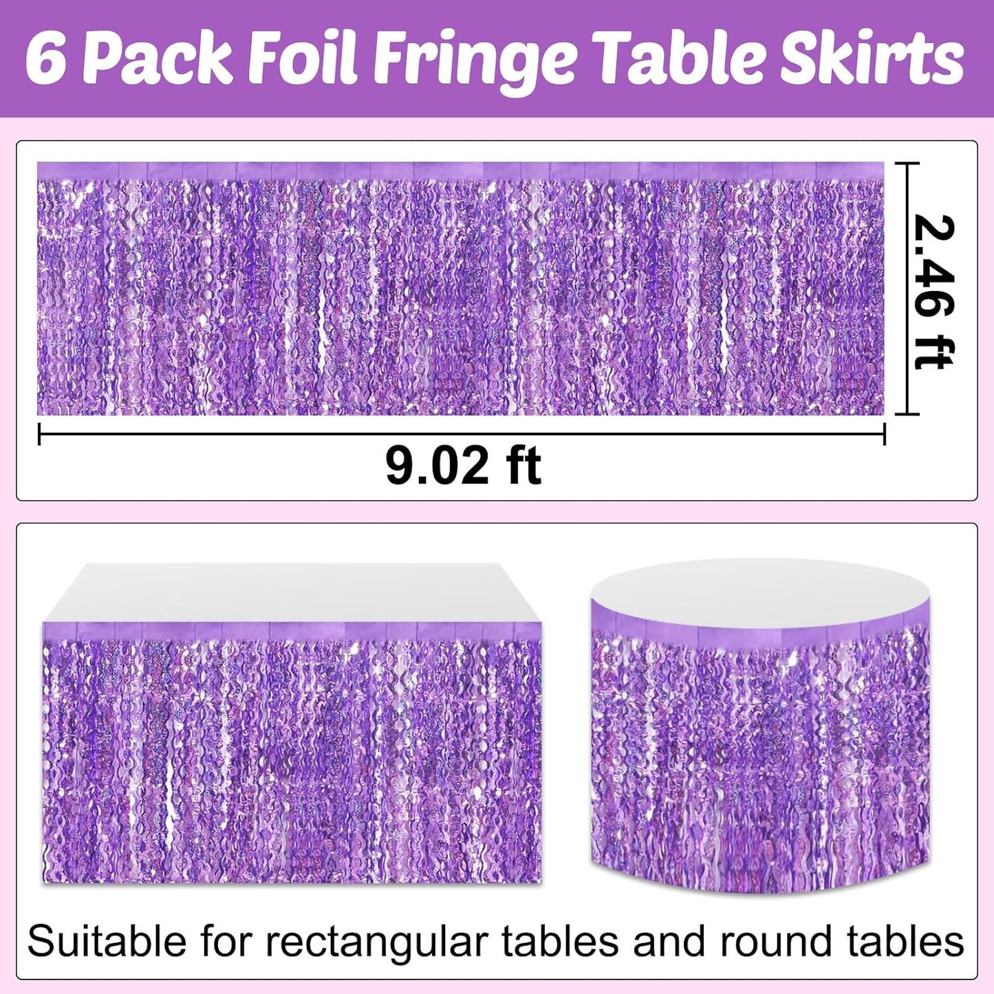 6 Pack 29x108 Inch Light Purple Wave Foil Fringe Table Skirts Metallic Banner for Tinsel Streamer Garland Backdrop for Parade Floats Mother's, Graduate, Mardi Gras, Birthday, Wedding Party Decorations