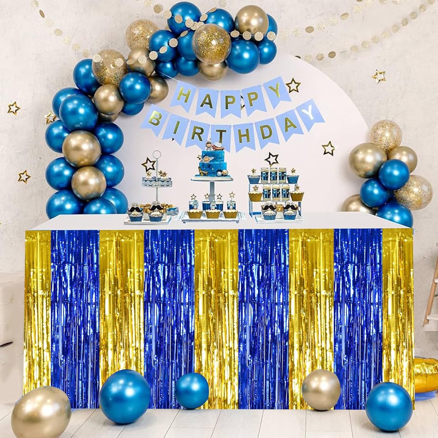 BEISHIDA 2 Pack Blue Gold Table Skirts Party Decorations Metallic Tinsel Foil Fringe Table Skirts for Birthday Retirement Anniversary Graduation Congrats 2026 Party