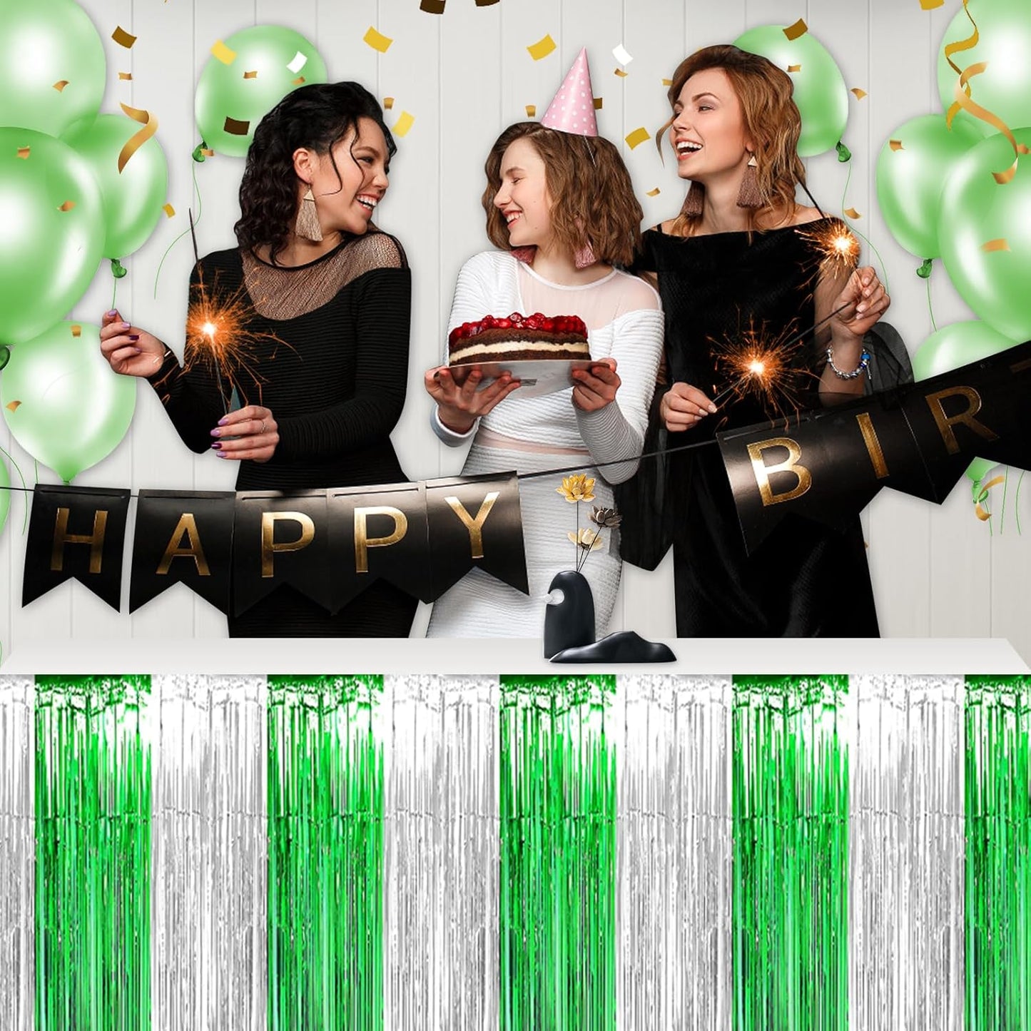 3 Pack 29 x108 Inch Silver Green Foil Fringe Table Skirts Metallic Banner for Tinsel Streamer Garland Backdrop for Parade Floats Wedding Thanksgiving Birthday Christmas New Year Party Decoration
