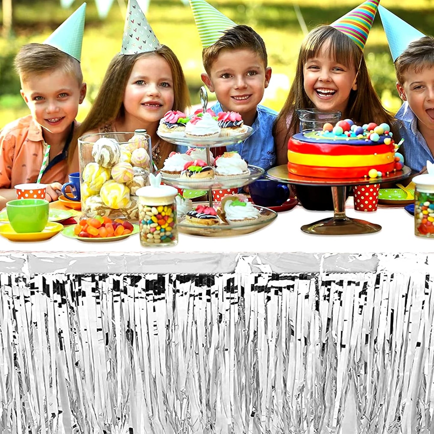 4 Pack 29x108 Inch Metallic Foil Fringe Tinsel Table Skirts for Rectangle Tables Streamer Curtains Backdrop for Wedding, Birthday, Parade Floats, Christmas, Halloween Party Decoration(Silver)