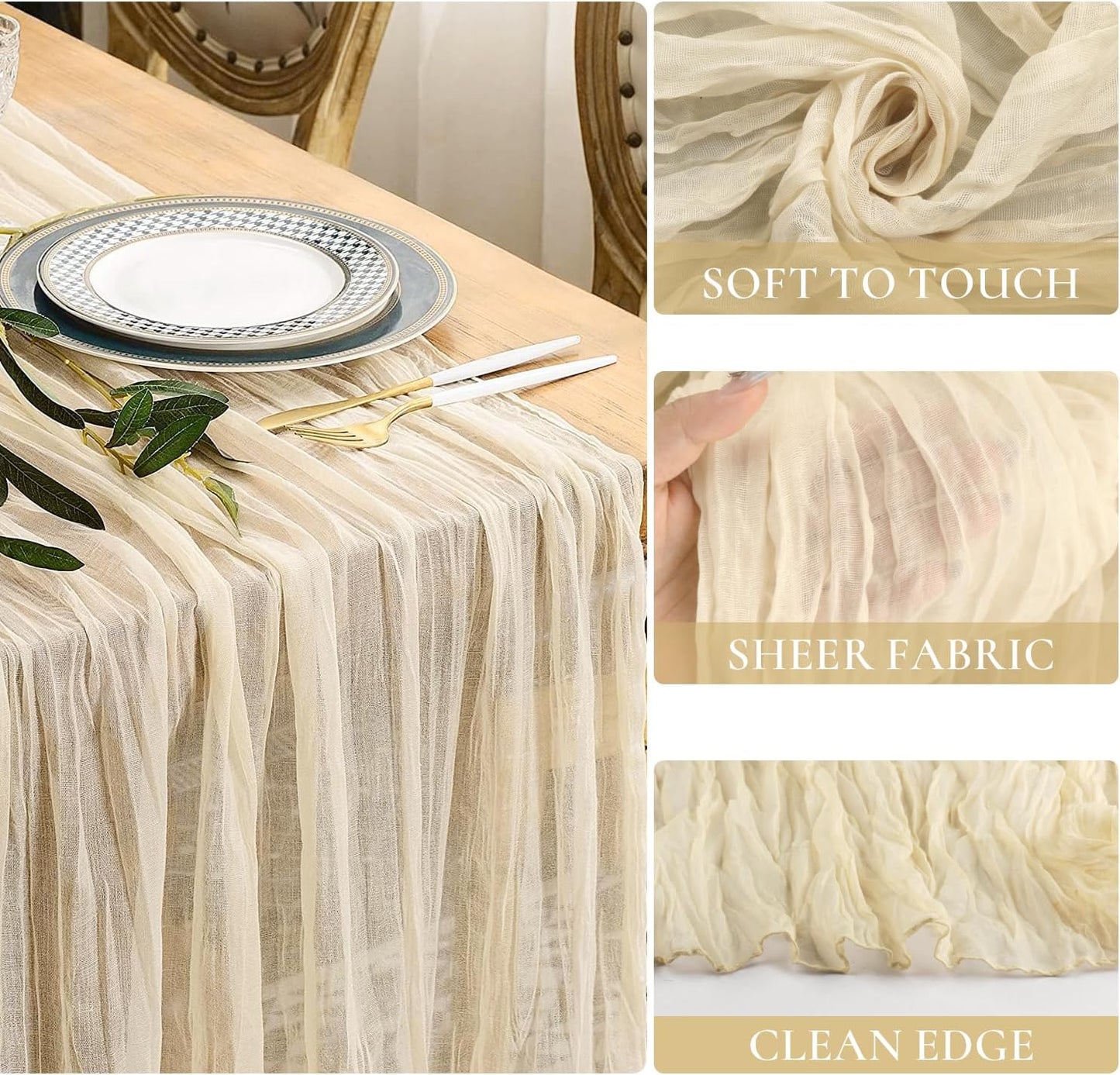 10ft Cream Beige Cheese Cloth Table Runner, 35x120 Inches Ivory Gauze Table Runner Rustic Cream Cheesecloth Table Runner Bulk for Wedding Bridal Shower Decoration, Boho Table Decor