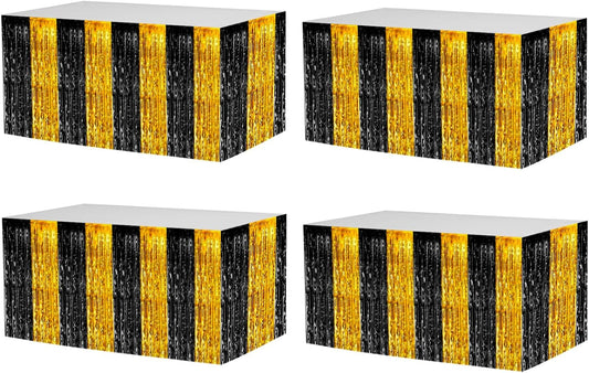 4 Pack 29x108 Inch Metallic Foil Fringe Tinsel Table Skirts for Rectangle Tables Streamer Backdrop for Wedding, Birthday, Parade Floats, Christmas, Halloween Party Decoration(Black Gold)