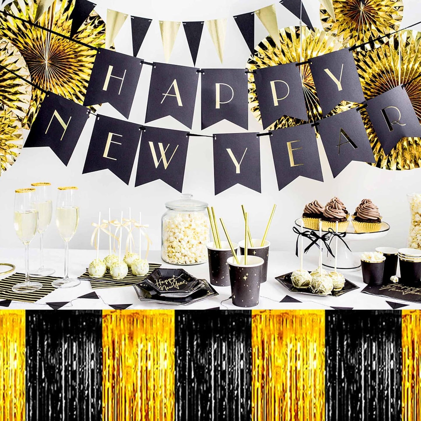 3 Pack 29 x108 Inch Black and Gold Foil Fringe Table Skirts Metallic Banner for Tinsel Streamer Garland Backdrop for Parade Floats Mother's Day, Graduate, Birthday, Wedding Party Decoration