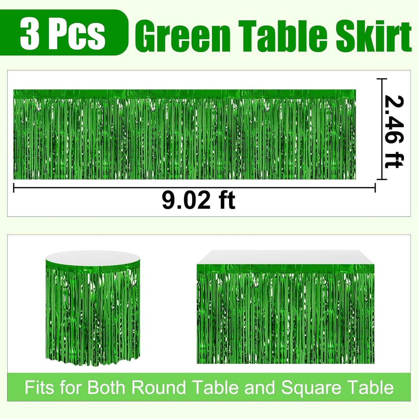 3 Pack 29 x108 Inch Green Foil Fringe Table Skirts Metallic Banner for Tinsel Streamer Garland Backdrop for Parade Floats Wedding Thanksgiving Birthday Christmas Halloween New Year Party Decoration