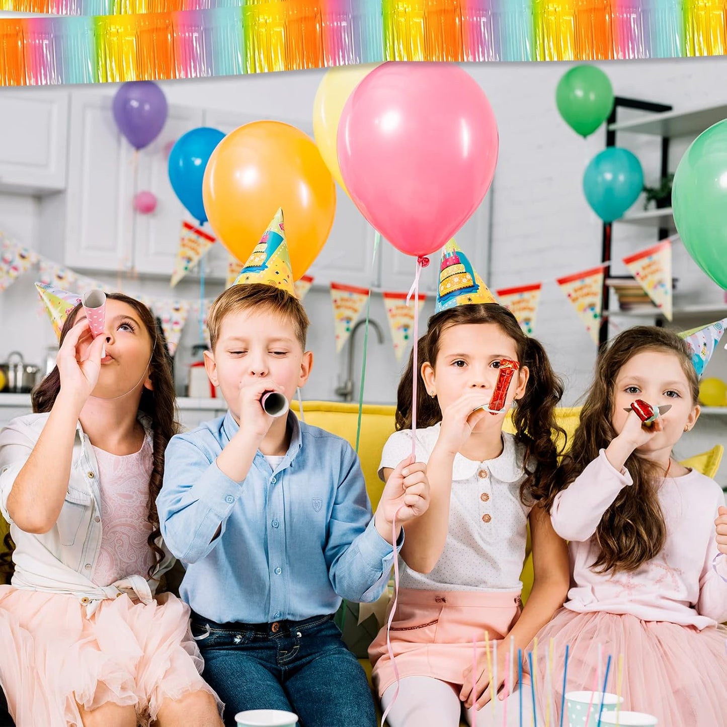 10 Pack 10 Feet Foil Fringe Garland Metallic Tinsel Streamers Banner Wall Hanging Curtain Backdrop for Parade Floats, Bachelorette, Wedding, Birthday, Easter, Carnival Party Decorations(Rainbow)