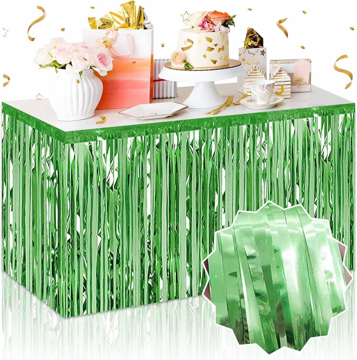 3 Pack 29 x108 Inch Light Green Foil Fringe Table Skirts Metallic Banner for Tinsel Streamer Garland Backdrop for Parade Floats Mother's Day, Graduate, Birthday, Wedding Party Decoration