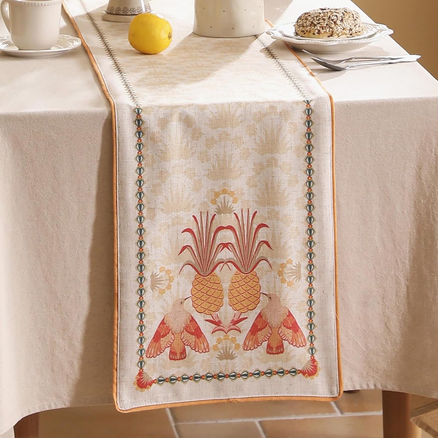 patdrea Designer Tropical Linen Table Runner 102 Inch Long, Yellow Vintage Elegant with Pineapple Pattern Table Mat,Decoration for Kitchen Dining Coffee Table Cover Banquet Christmas , 12"*102"