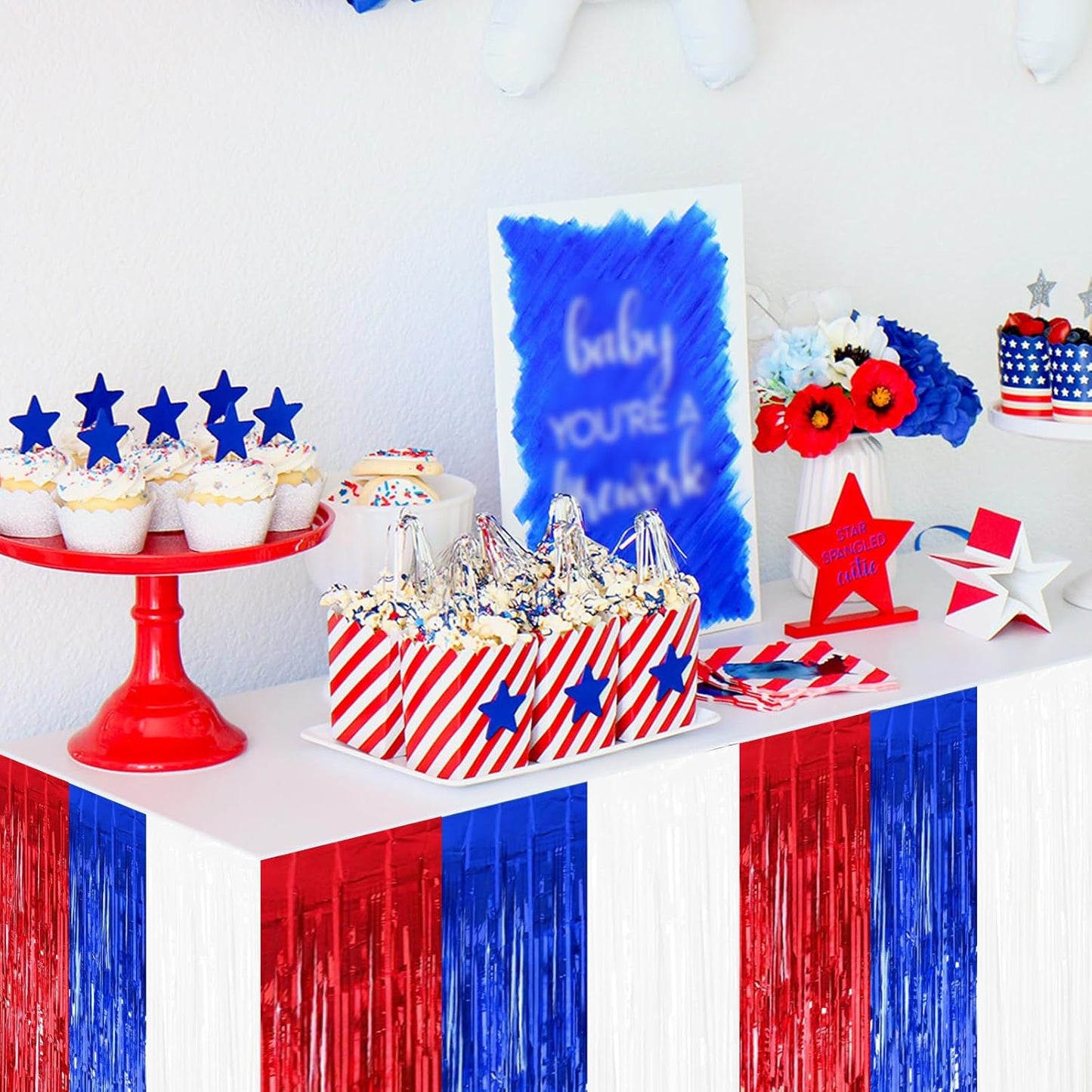 BEISHIDA 2 Pack Metallic Tinsel Foil Fringe Table Skirts for Rectangle & Round Tables Red, Blue, White Kids' Birthday, Holiday Cartoon Party Decorations Birthday, July 4th, Baby Shower, Festive Events