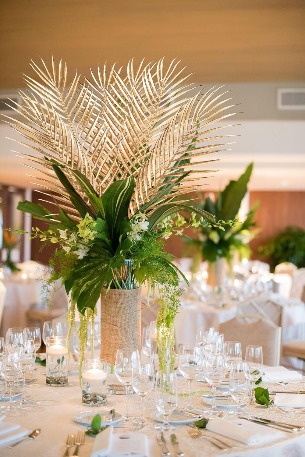 29” Large Gold Palm Leaves Palm Fronds Tropical Leaves Areca Palm Branches Artificial Palm Leaves with Stem Golden Palm Tree Leaves Faux Palm Leaves for Floral Arrangement Fake Gold Leaves 6Pcs