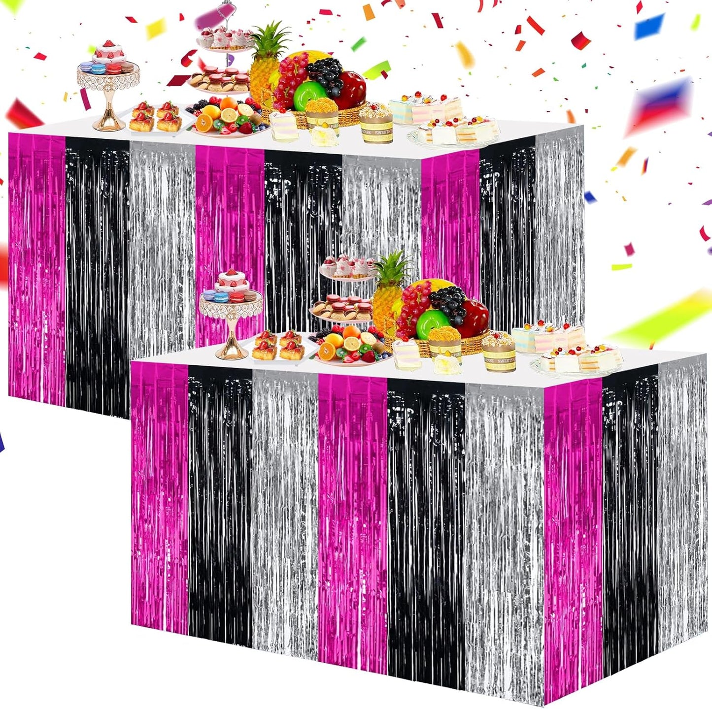 BEISHIDA 2 Pack Hot Pink Black Silver Table Skirts Party Decorations Metallic Tinsel Foil Fringe Table Skirts for Hot Girls Mouse Theme Birthday Holiday Party