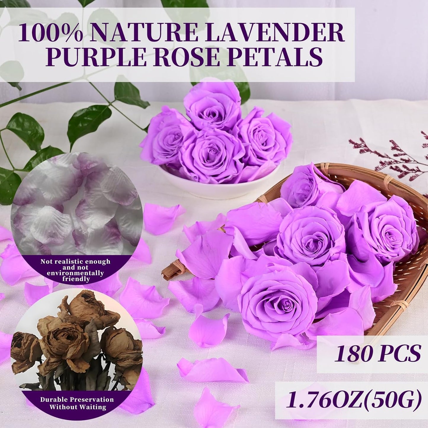 180 PCS Real Purple Rose Petals for Wedding, 1.76oz Dried Flower Petal for Flower Girl to Throw, Romantic Night Shower Party Proposal Centerpiece Table Decor