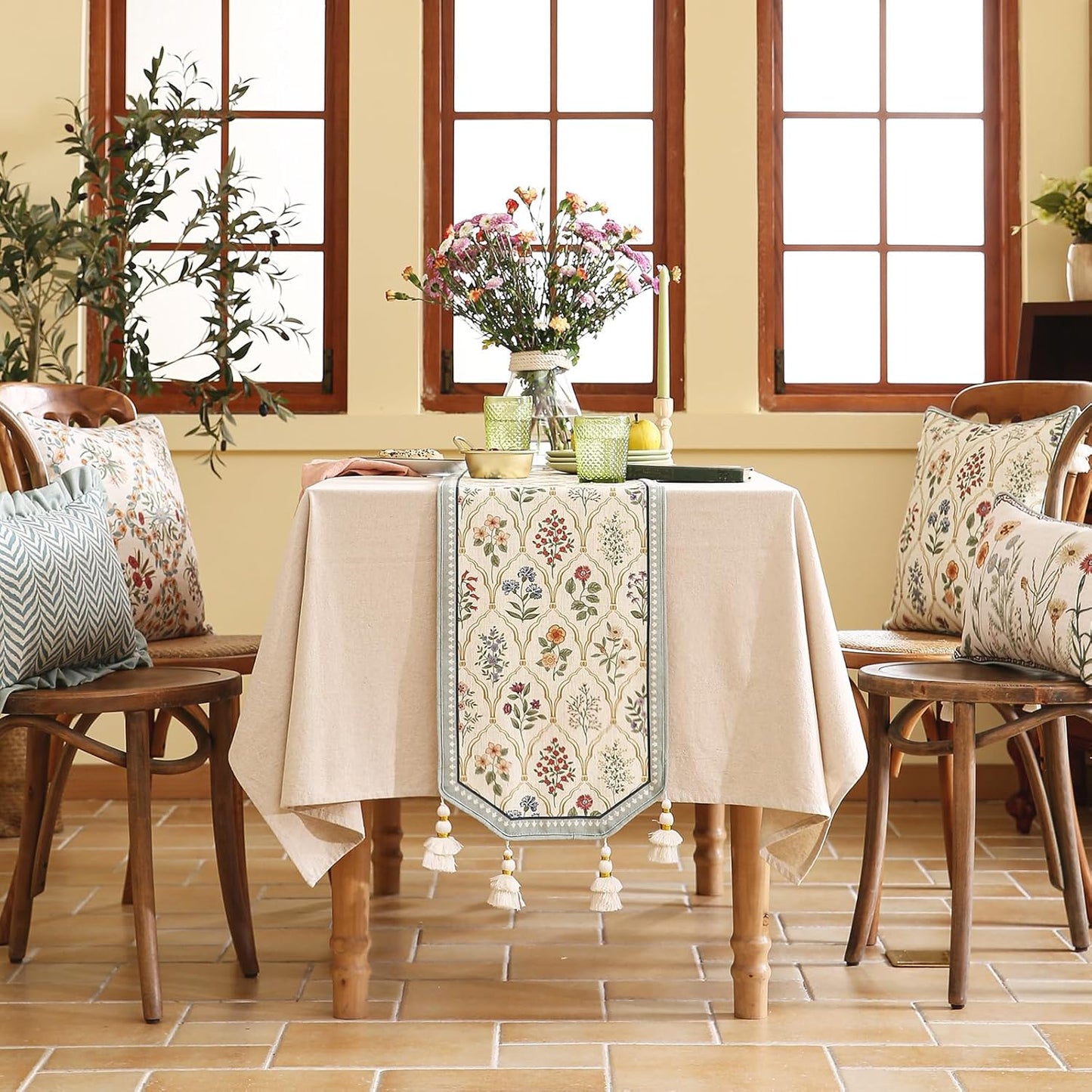 ISAENNE Designer Vintage Elegant Linen Table Runner 87 Inches Long,Colorful Wildflower Pattern Runner,Decor Table Runners for Dining Tables,Thanksgiving,Christmas,Banquet,12"*87"-Serenity B