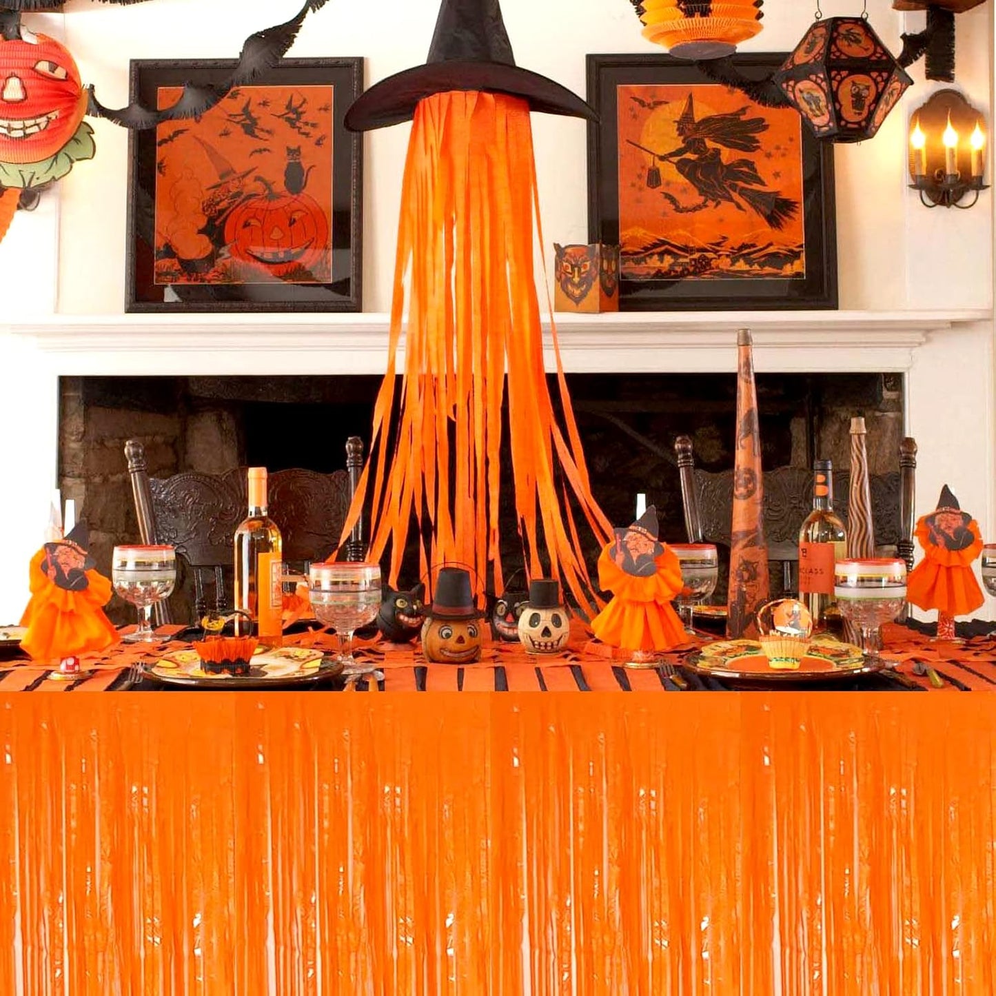 4 Pack 29x108 Inch Metallic Foil Fringe Tinsel Table Skirts for Rectangle Tables Streamer Backdrop for Wedding, Birthday, Parade Floats, Christmas, Halloween Party Decoration(New Orange)