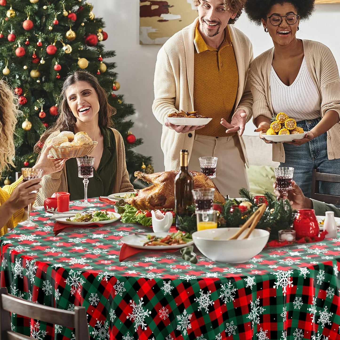 12Pcs Christmas Buffalo Plaid Snowflake Party Tablecloths Decorations,Plastic Red and Green Checkered Round Table Cover for Winter Christmas New Year Birthday Holiday Party Decorations,84 inch