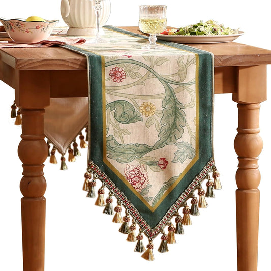 patdrea Designer Green Floral Table Runner,French Elegant Vibrant Rustic Linen with Green Leaves Patterns Fabric Table Mat,Decoration for Kitchen Dining Room Banquet Christmas ,12"*71"