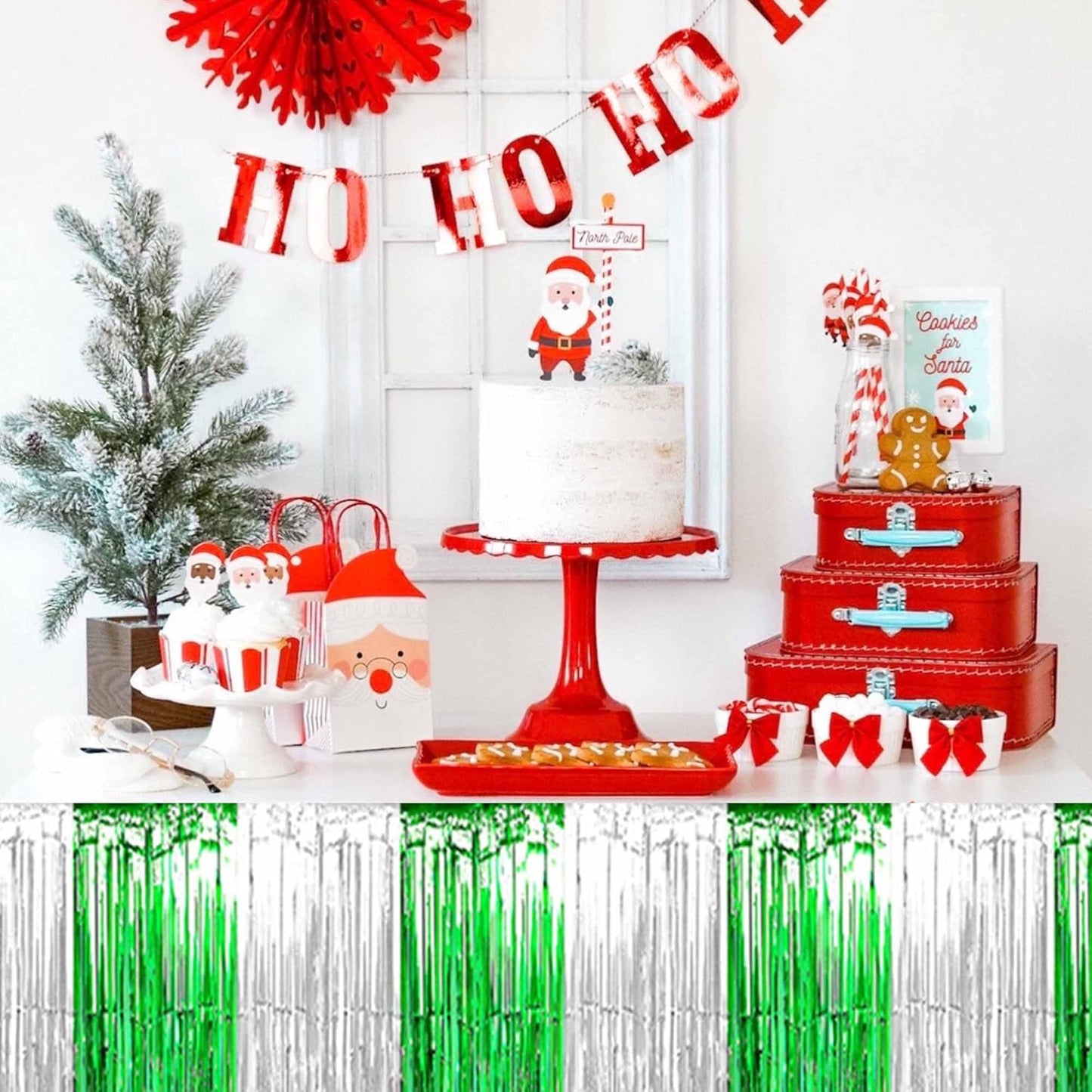 3 Pack 29 x108 Inch Silver Green Foil Fringe Table Skirts Metallic Banner for Tinsel Streamer Garland Backdrop for Parade Floats Mother's Day, Graduate, Birthday, Wedding Party Decoration