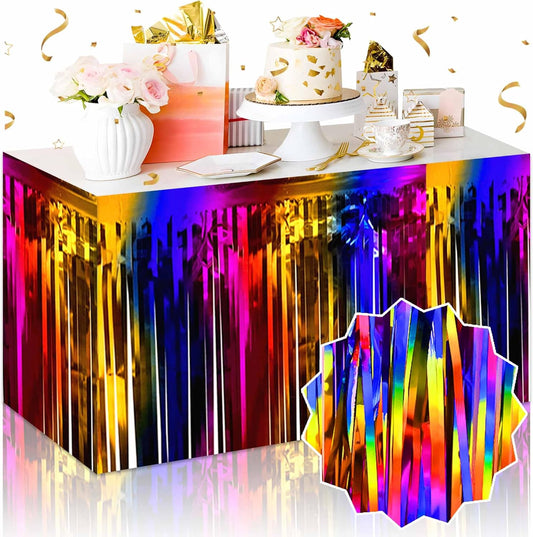 3 Pack Rainbow Foil Fringe Table Skirts Metallic Tinsel Streamers Garland Banner Backdrop for Table Decor, Parade Float, Birthday, Wedding, Halloween, Christmas Party Decorations(29x108 In)