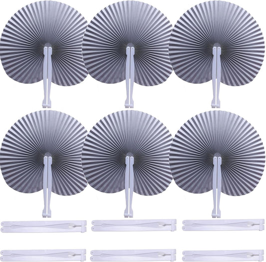 12 Packs Decorative Paper Folding Hand Fans Handheld,Silver Round Foldable Wedding Fans Chinese and Japanese Fans Bulk for Bridal Guest Church Party Favors Dancing Birthday DIY