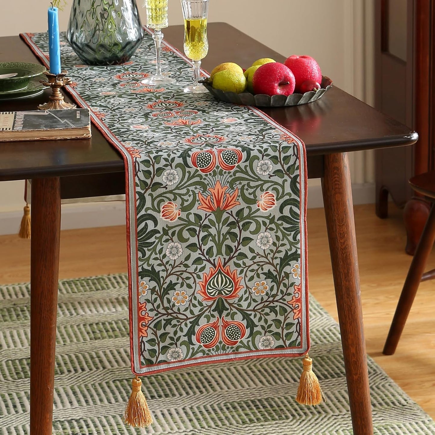 ISAENNE Designer French Green Elegant Linen Table Runner 118 Inches Extra Long,Colorful Flower Pattern Soft Table Runners for Dining Tables,Thanksgiving,Kitchen Tables,Christmas,12"*118"-Naples B