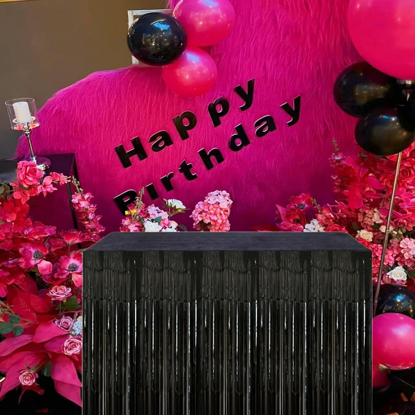 Black Streamers Party Decorations, 2 Packs Black Table Skirts Metallic Foil Fringe Tinsel for Graduation Birthday Wednesday Twilight Wizard Float Parade Halloween Party Supplies - 29x108 Inch