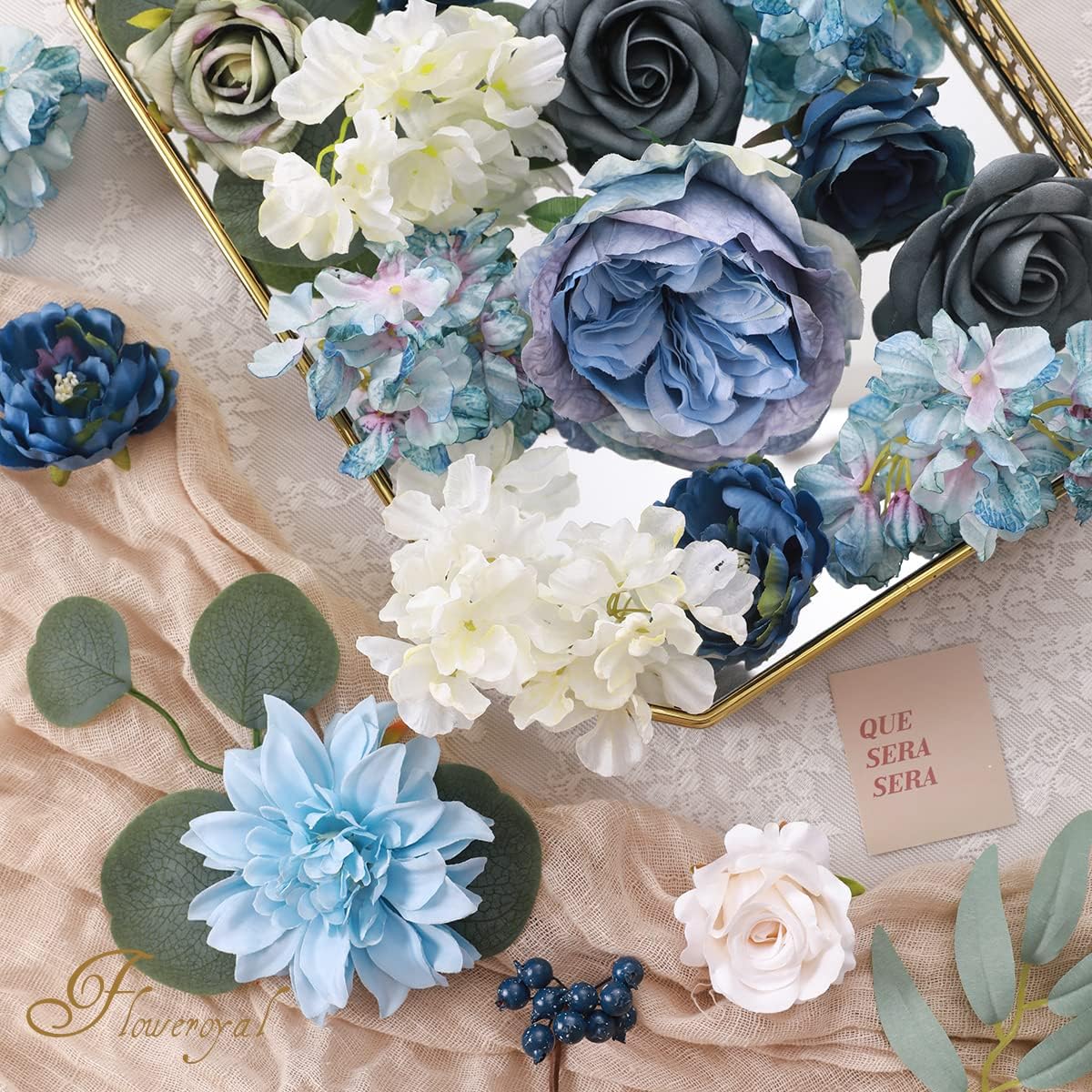 Floweroyal Artificial Flowers Combo Dusty Blue Flowers Mix Silk Flowers Dahlia Roses with Stems for DIY Wedding Bridal Bouquets, Baby Shower, Floral Arrangement, Table Centerpieces, Home Decorations.