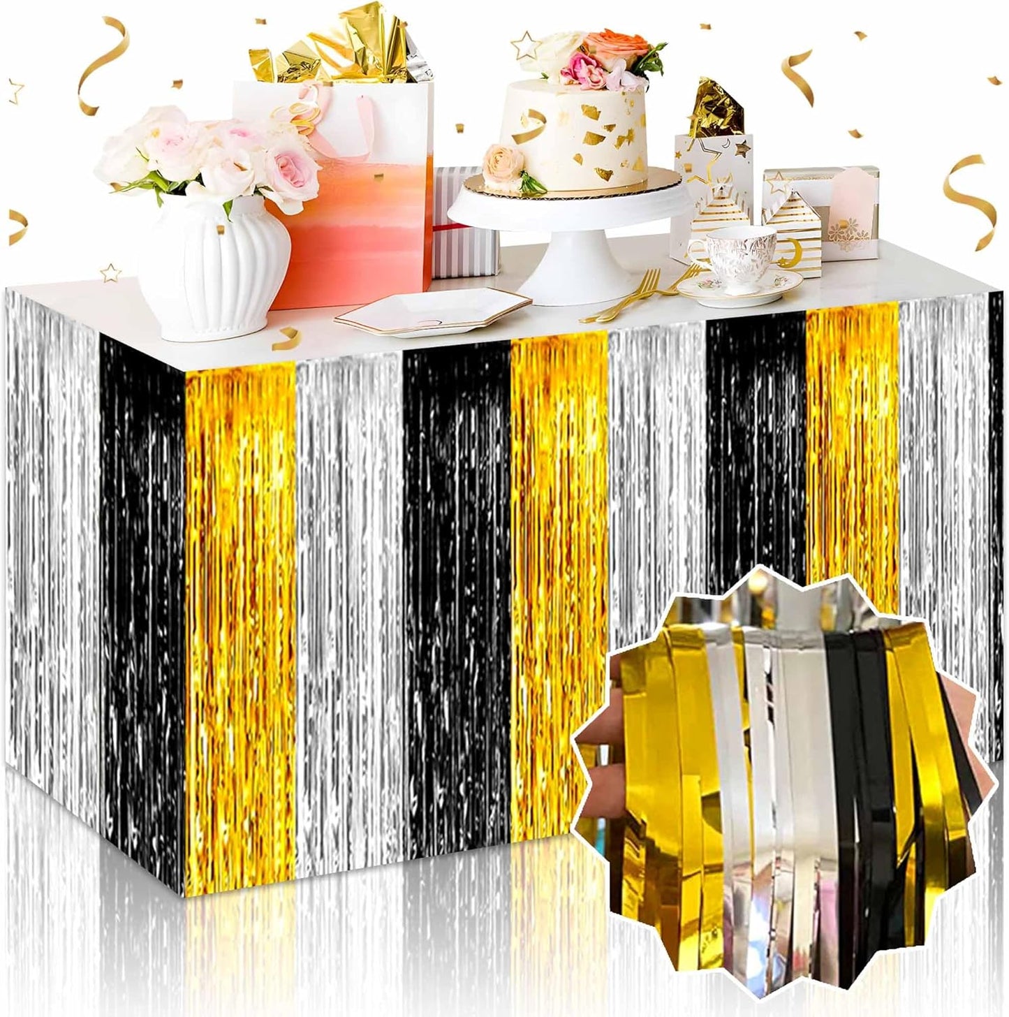 3 Pack 29 x108 Inch Black Gold Silver Foil Fringe Table Skirts Metallic Banner for Tinsel Streamer Garland Backdrop for Parade Floats Mother's Day, Graduate, Birthday, Wedding Party Decoration