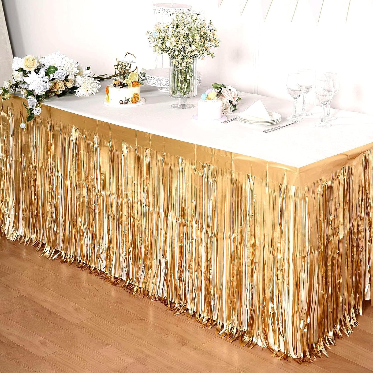 4 Pack 29x108 Inch Metallic Foil Fringe Tinsel Table Skirts for Rectangle Tables Streamer Curtains Backdrop for Christmas, Birthday, Parade Floats, Halloween Party Supplies(Champagne Gold)