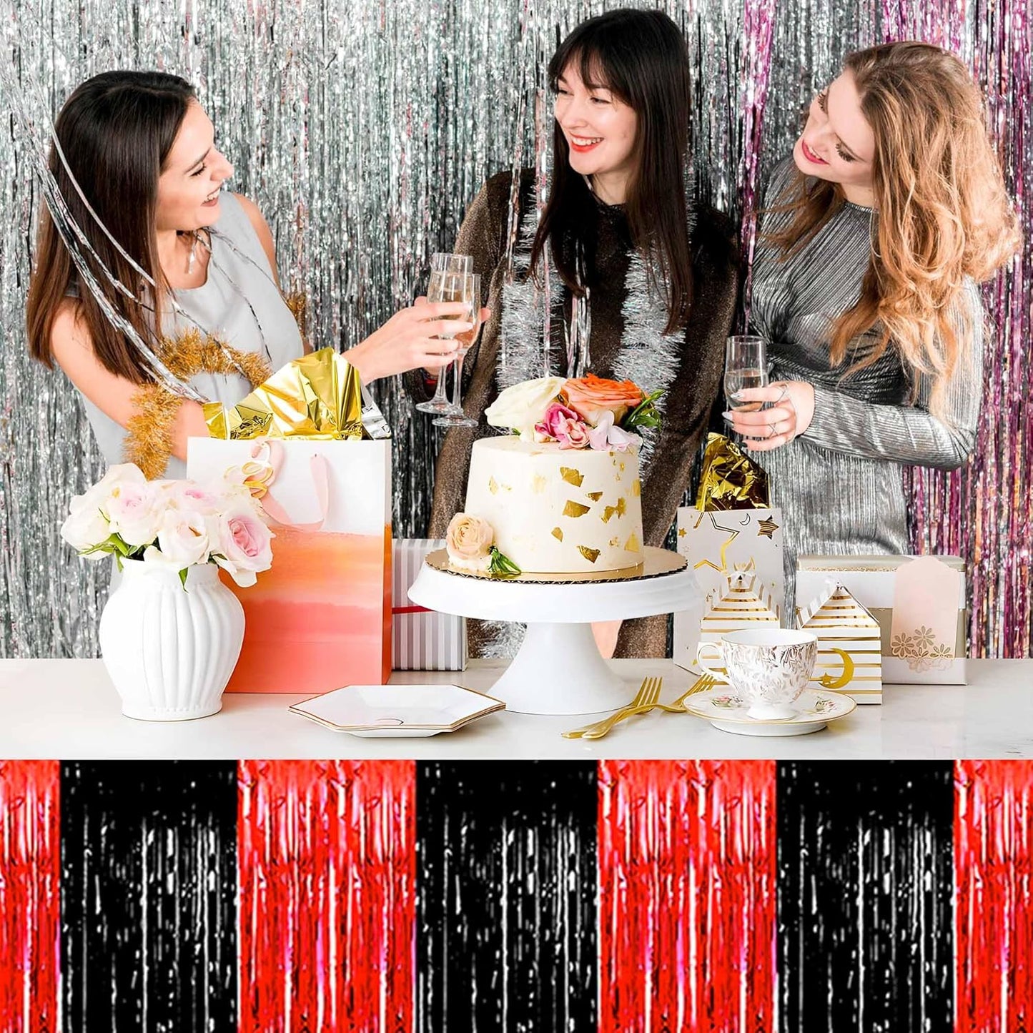 3 Pack 29 x108 Inch Black and Red Foil Fringe Table Skirts Metallic Banner for Tinsel Streamer Garland Backdrop for Parade Floats Mother's Day, Graduate, Birthday, Wedding Party Decoration