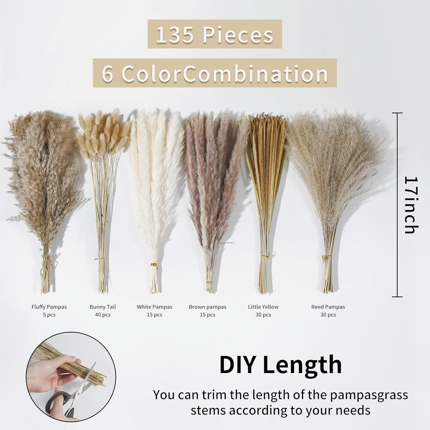 135Pcs Dried Pampas Grass Decor, Boho Home Decor, Mini Bunny Tails Dried Flowers, Fluffy Pompous Grass Bouquet Bulk for Wedding, Table, Rustic Party, Baby Shower Decorations