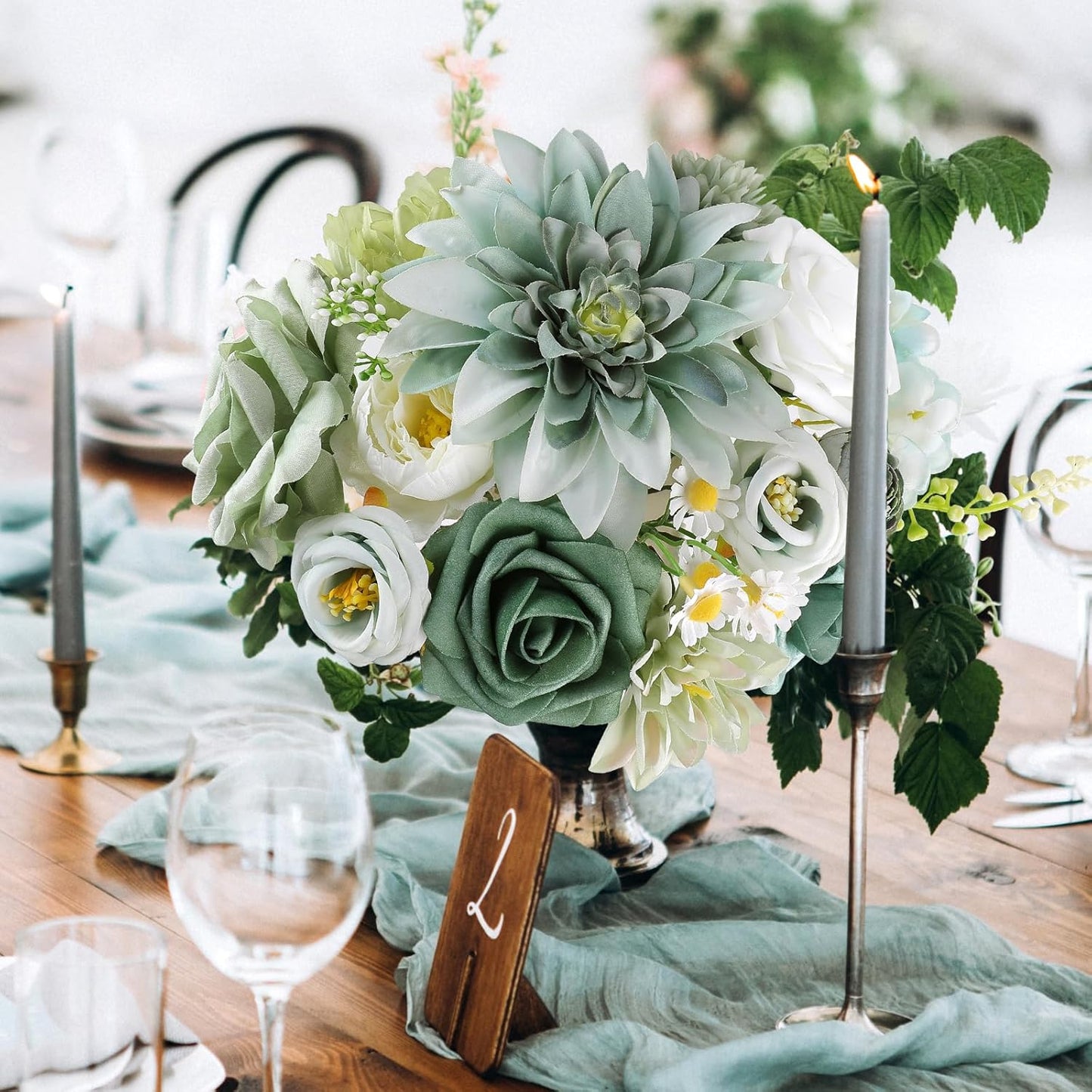 AmyHomie Forest Sage Green White Artificial Flowers Combo Silk Rose Fake Flowers w/Stem for DIY Wedding Bouquets Centerpieces Arrangements Table Fall Decor Party Bridal Baby Shower Home Decorations