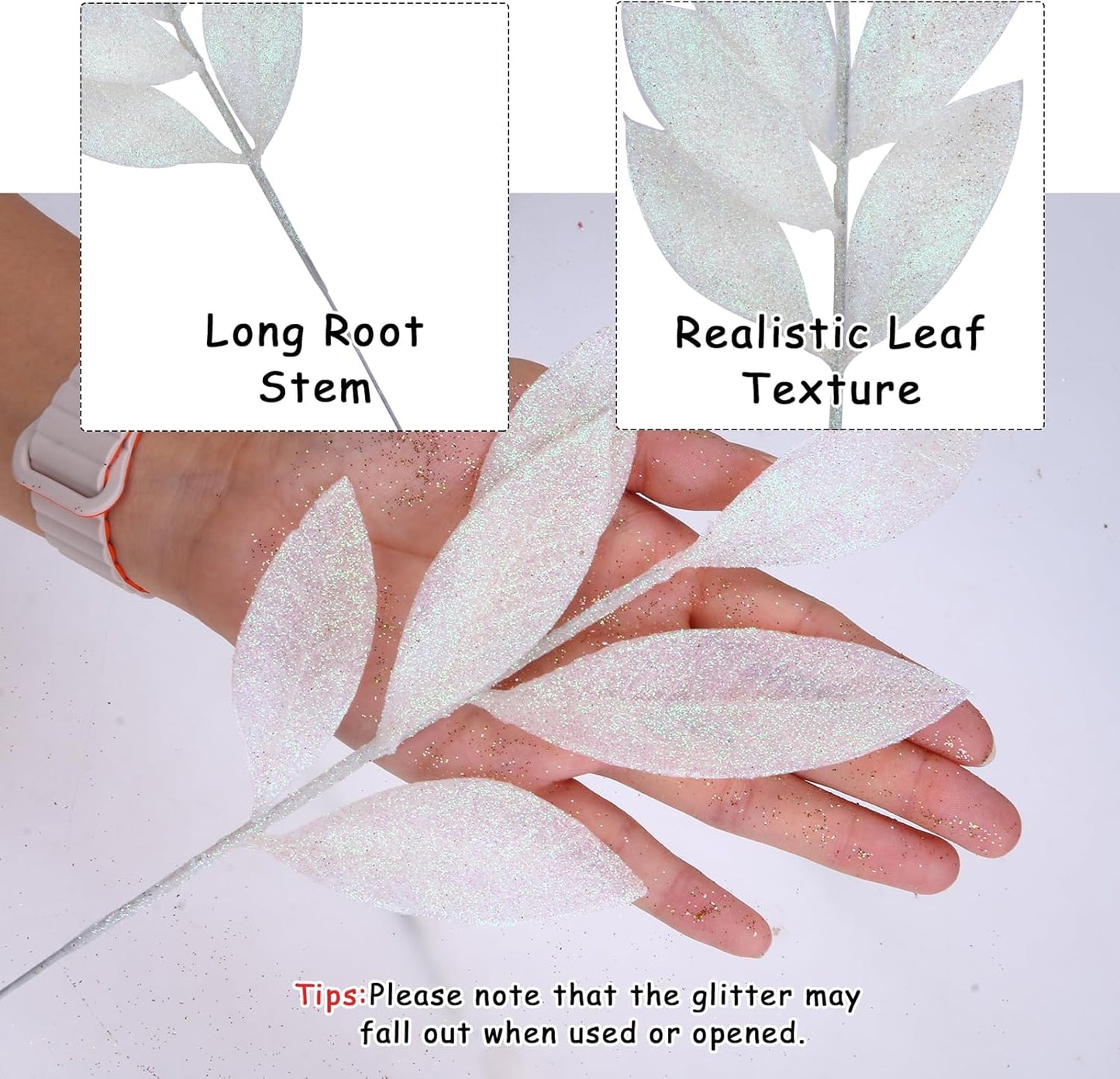 GREENTIME 12 Pack Artificial White Glitter Leaves 13" Fake Christmas Picks Decorative Glitter Sticks for Vase Christmas Tree DIY Wreath Crafts Fireplace Decor