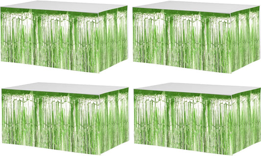 4 Pack 29x108 Inch Metallic Foil Fringe Tinsel Table Skirts for Rectangle Tables Streamer Backdrop for Wedding, Birthday, Parade Floats, Christmas, Halloween Party Decoration(Light Green)