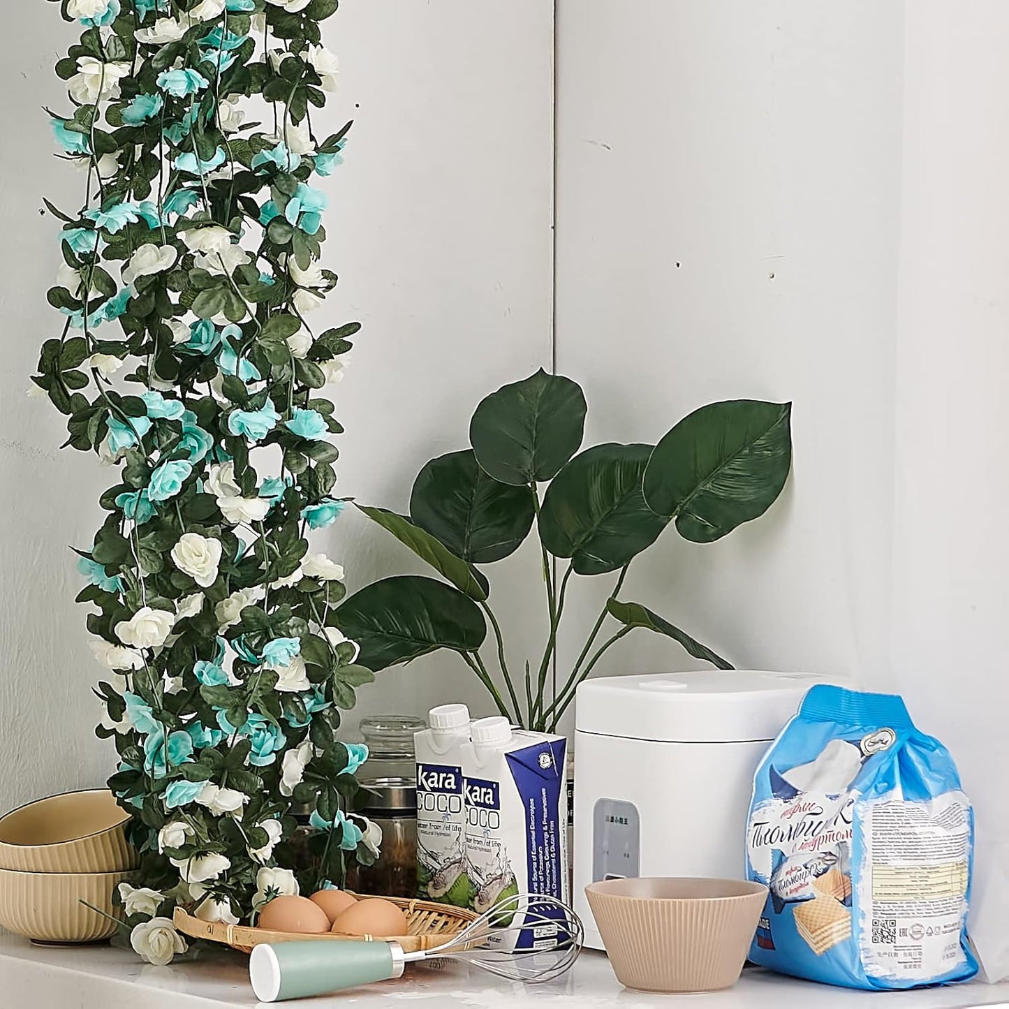 6 Pcs x 8.2 ft Flower Garland Artificial Rose Vine Flowers with Green Leaves Hanging Fake Roses Vine for Room Party Home Wedding Birthday Christmas Wall Arch Decor, White Blue Flower