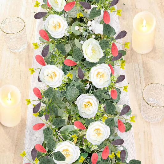 ASTRYAS 2Pcs 6.23Ft Artificial Eucalyptus Garlands with Flowers, Faux Floral Greenery Garlands Fake Flowers Vines for Wedding Table Centerpieces Arch Party Ceremony Backdrop Decor (Pink Leaves)