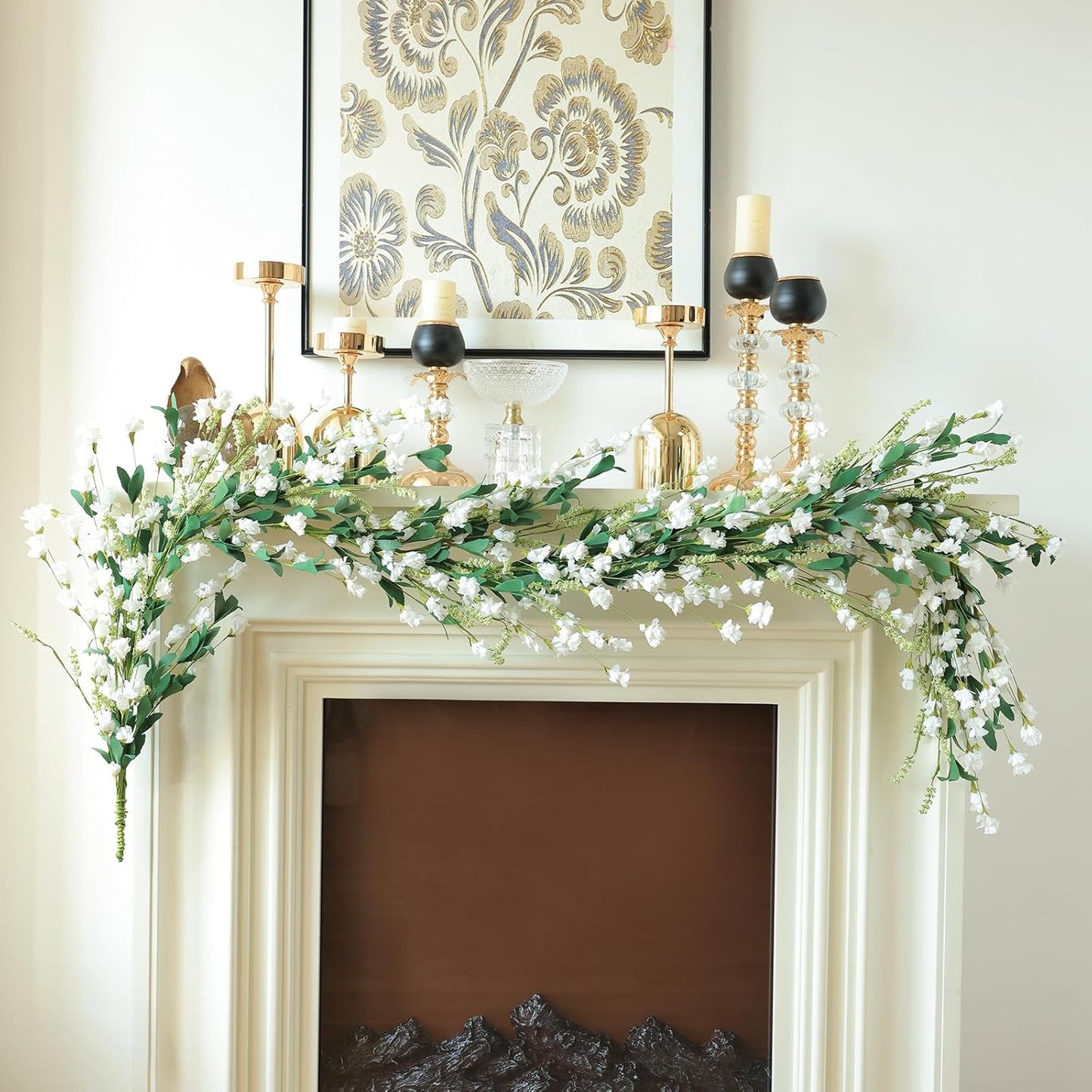 Mizii White Artificial Flower Garland 6FT Fake Wildflower Floral Garland Hanging Vines Spring Summer Flowers Decorations for Mantle Table Centerpieces Room Wall Fireplace Wedding Decor (White)