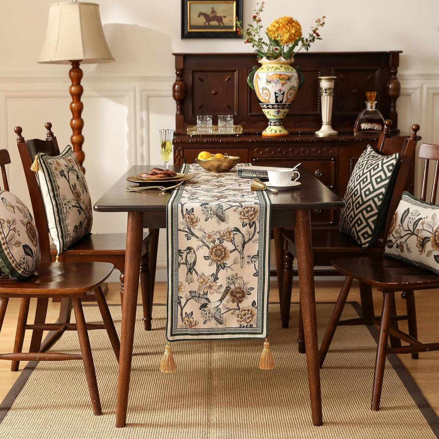 ISAENNE Designer Vintage Beige Linen Table Runner 87 Inches Long,Elegant Floral and Bird Pattern Decor Table Runners for Dining Tables,Thanksgiving,Christmas,Banquet,Party,12"*87"-Murad A