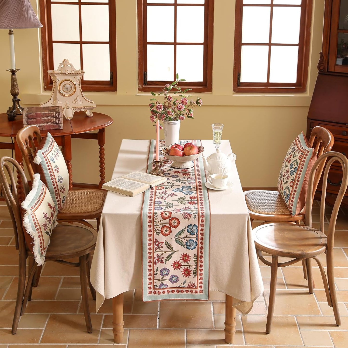 Decorative Linen Table Runner 87 Inches Long,Green Floral Rustic Farmhouse Runner for Table Decor Tabletop Table Runners for Kitchen,Dining,Party,Home,Christmas,12"*87"