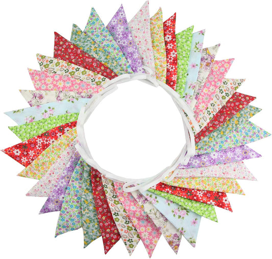 10M/32Ft Triangle Bunting Banner, 36 Pcs Cotton Fabric Flags Pennant Garlands for Birthday Party, Wedding, Baby Shower, Outdoor and Home Decorations (Colorful)