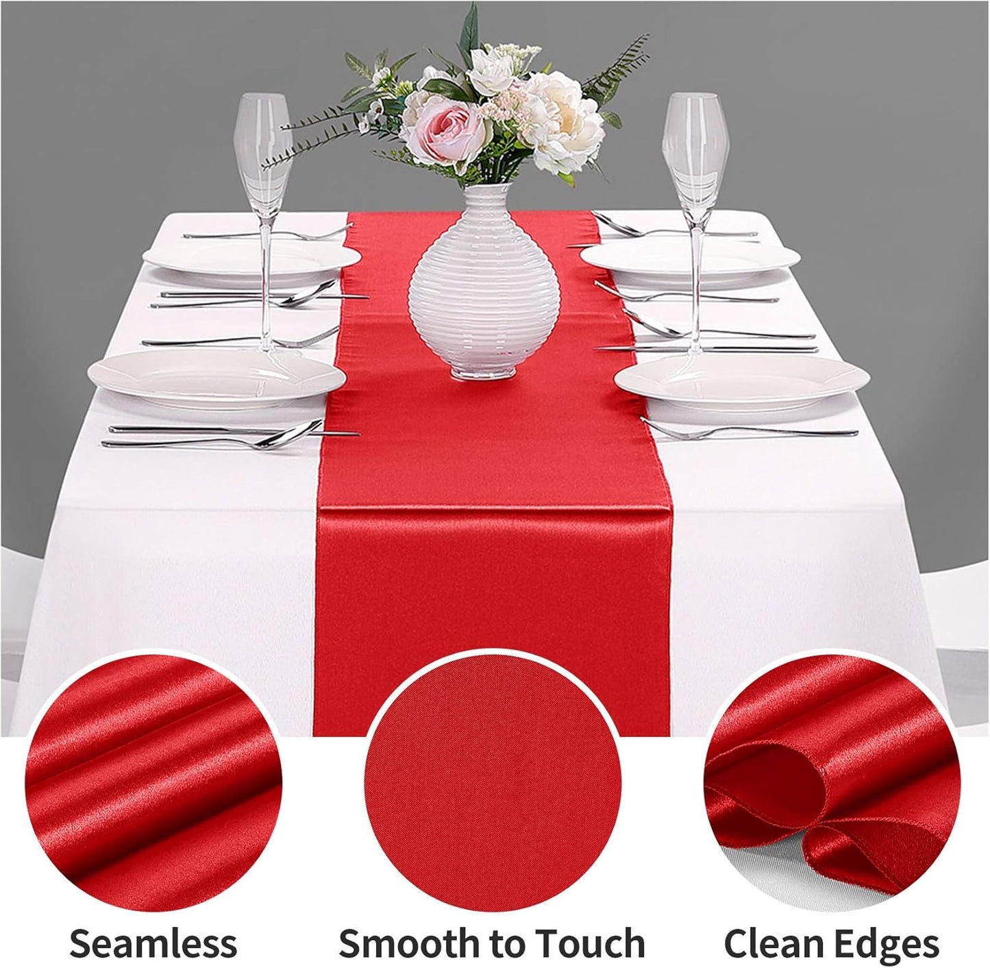 15-Pack Satin Table Runner Red 12 x 108 inches Long, Table Runners for Wedding, Birthday Parties, Banquets Decorations（15 Pack, 12x108 Inch, Red）