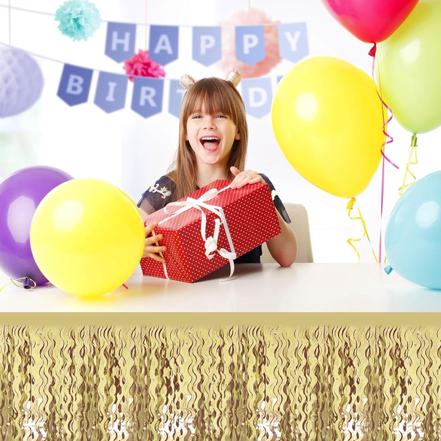 6 Pack 29 x108 Inch Light Gold Wave Foil Fringe Table Skirts Metallic Banner for Tinsel Streamer Garland Backdrop for Parade Floats, Mother's Day, Easter, Wedding, Birthday Party Decoration