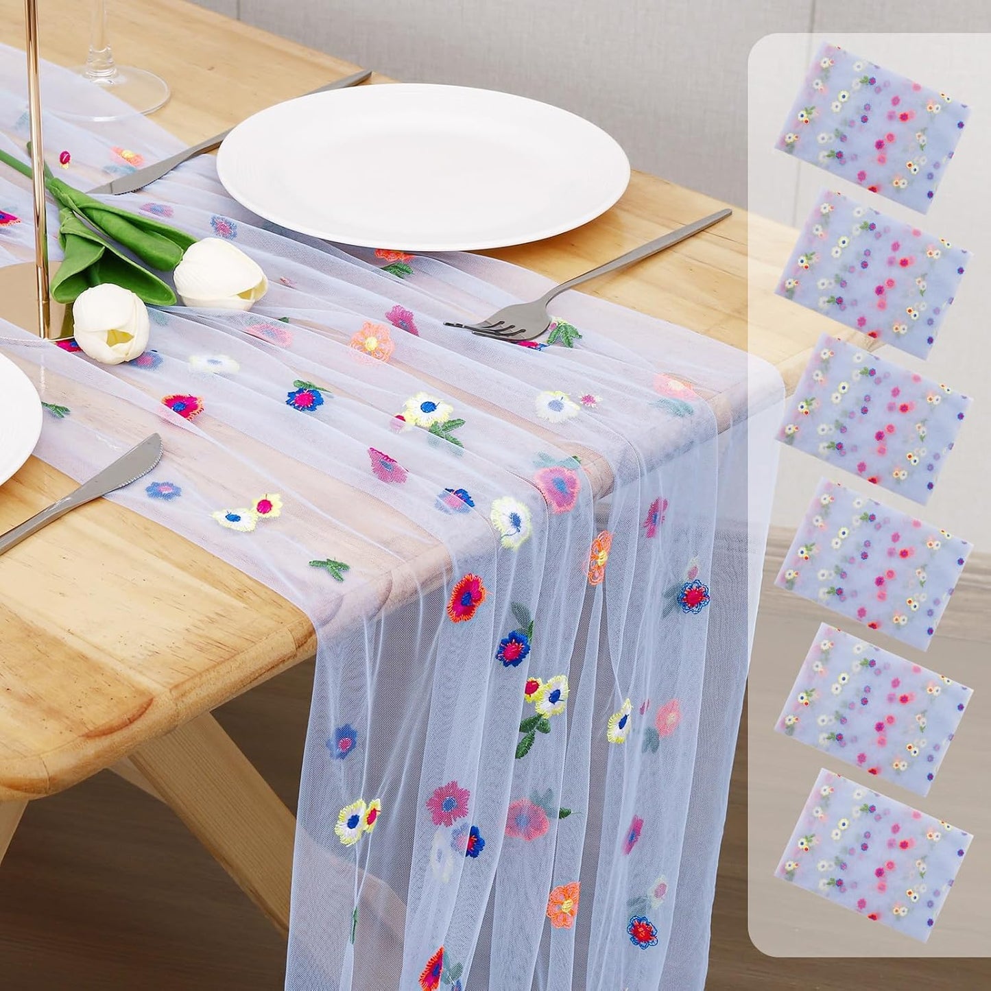 6PCS Blue Floral Table Runner 10 FT, Embroidery Daisy Table Runners Seasonal Sheer Tulle Table Runner for Thanksgiving Wedding Birthday Baby Shower Party ﻿