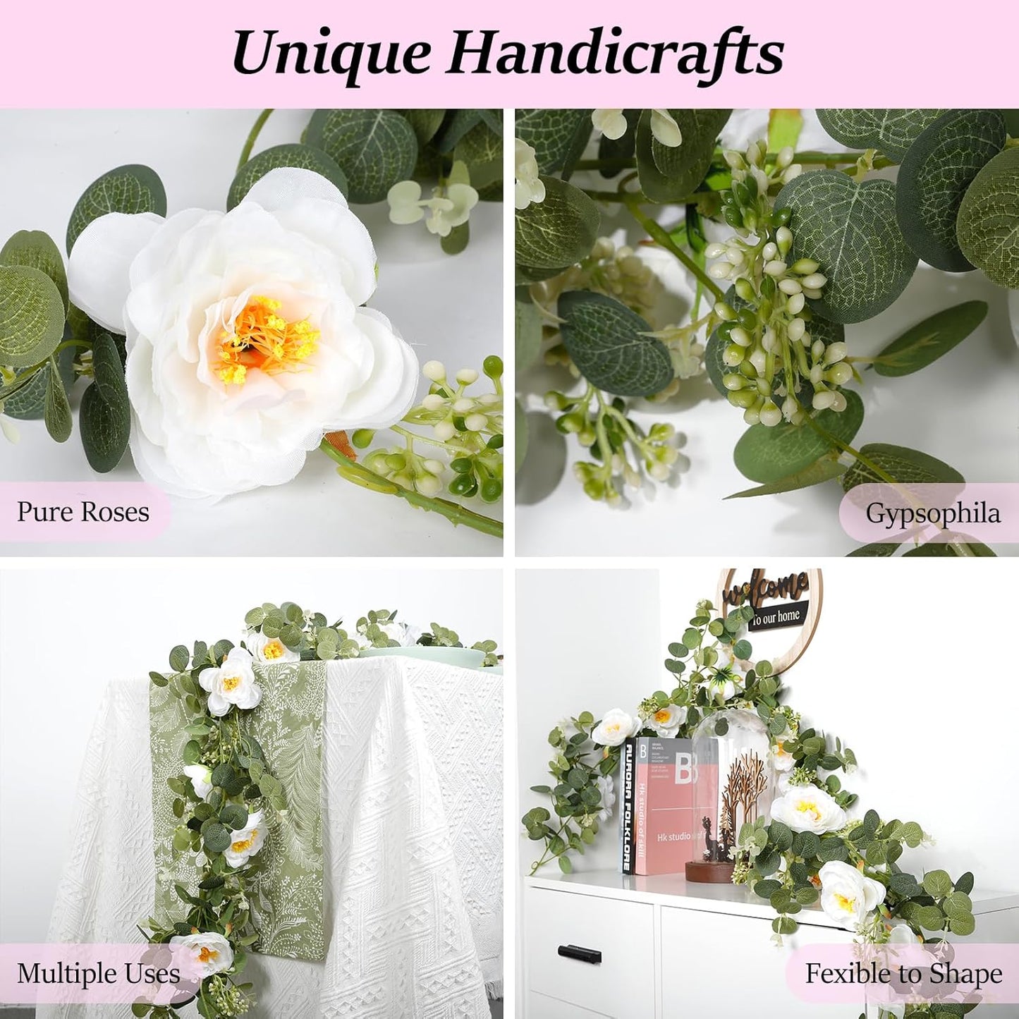 2 Pcs Total13Ft Eucalyptus Flower Garland with Fake Rose Flower, Artificial Fake Flowers Greenery Garland Floral Vines for Decoration Party Wedding Table Indoor Outdoor Backdrop Wall Decor(White)